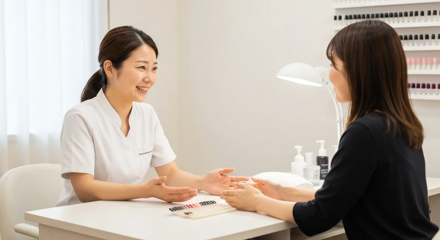 ネイリストがお客様の手元を見ながらデザインを相談している場面